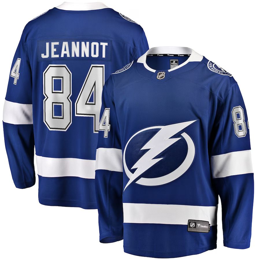 Men Tampa Bay Lightning #84 Tanner Jeannot Fanatics Branded Blue Home Breakaway NHL Jersey